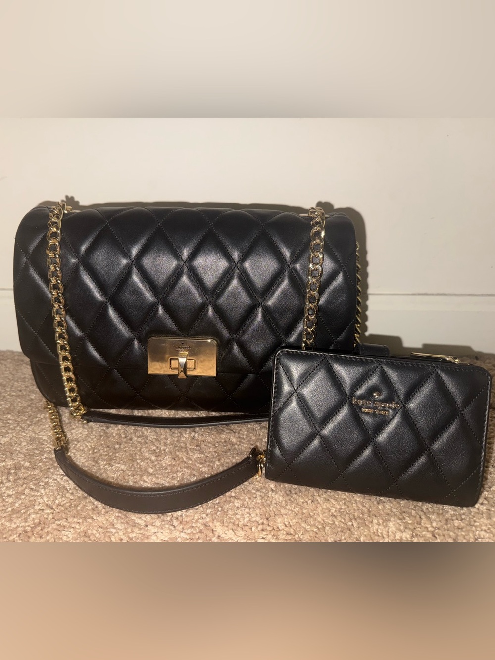 kate spade Carey Black Quilted Leather ShoulderBag with Gold Hardware & wallet